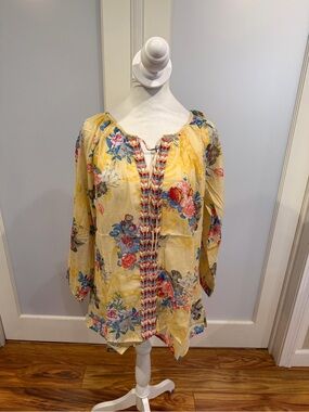 Women's Yellow Floral Peasant Tunic with Braided Trim